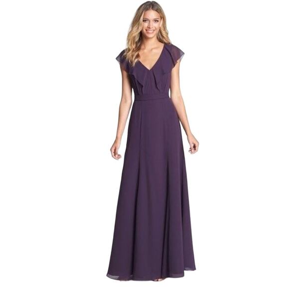 Jenny Yoo Cecillia Chiffon Ruffled Gown Bridesmaid Dress V Neck Flowy Plum 8 - Picture 1 of 7